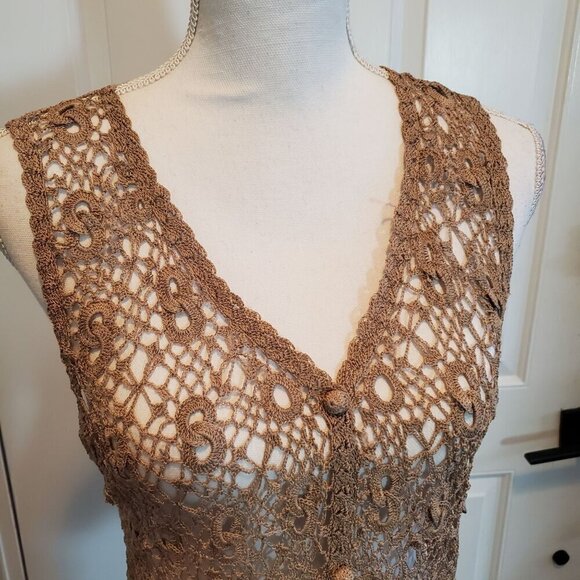 Vintage Lisa Crochet Cardigan Vest Womens Small Mocha Brown Boho Festival - Picture 5 of 9